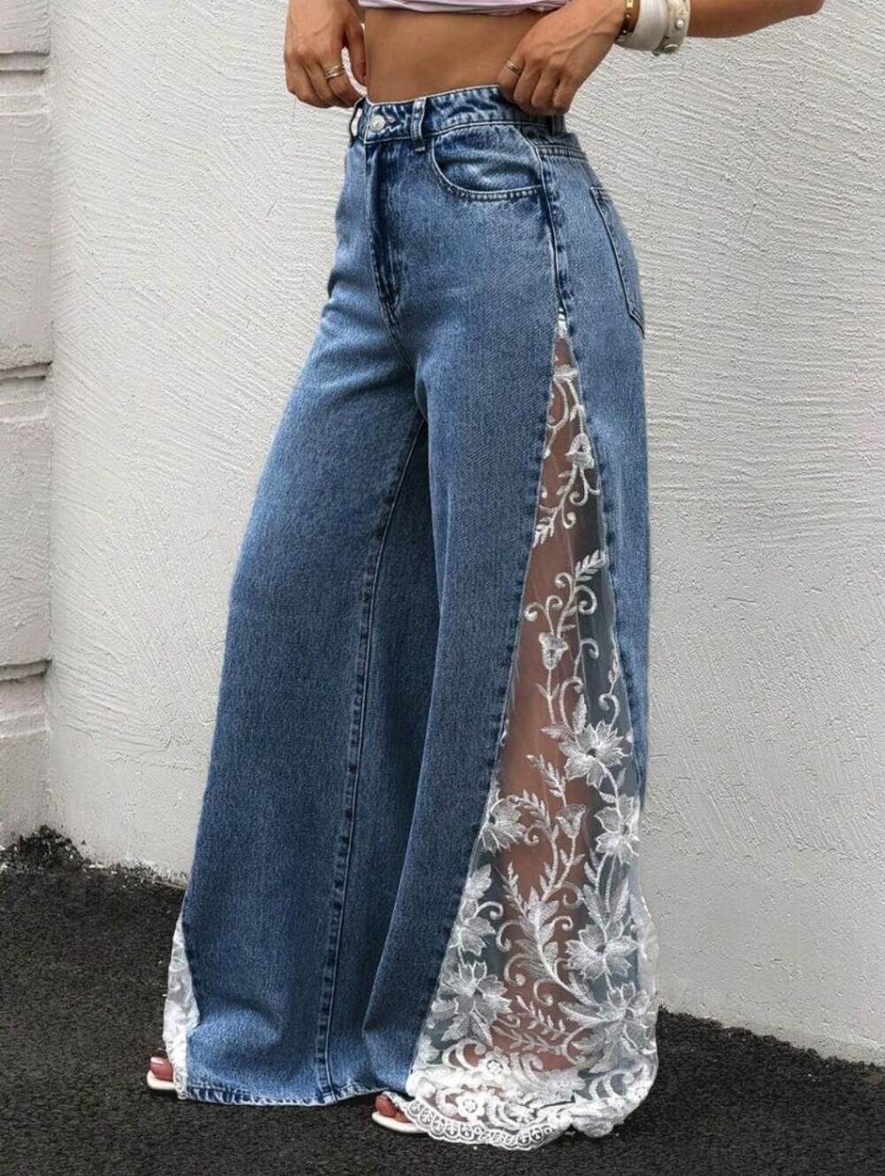 NEW Womens Dark Wash Lace Transparent Denim Wide Leg Pants